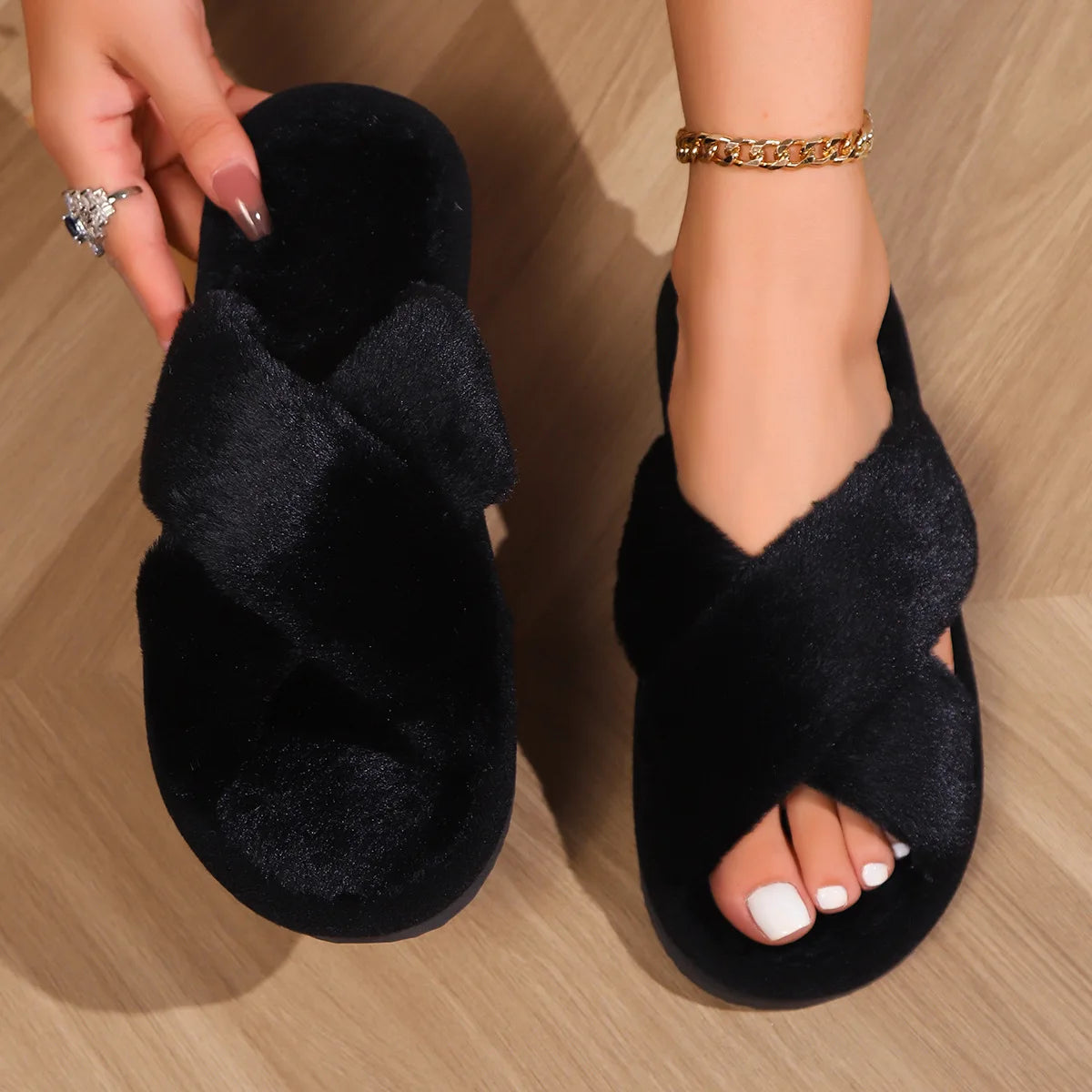 Women’s Furry Cross Band Slippers