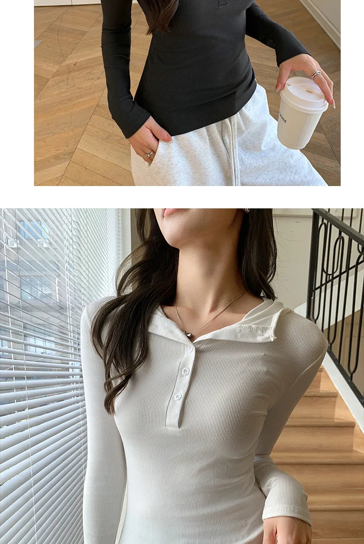 Half-buttoned Hooded Sweatshirt for Women Autumn Winter Striped Inner Layering Shirt Slim Long-sleeved Top T-shirt