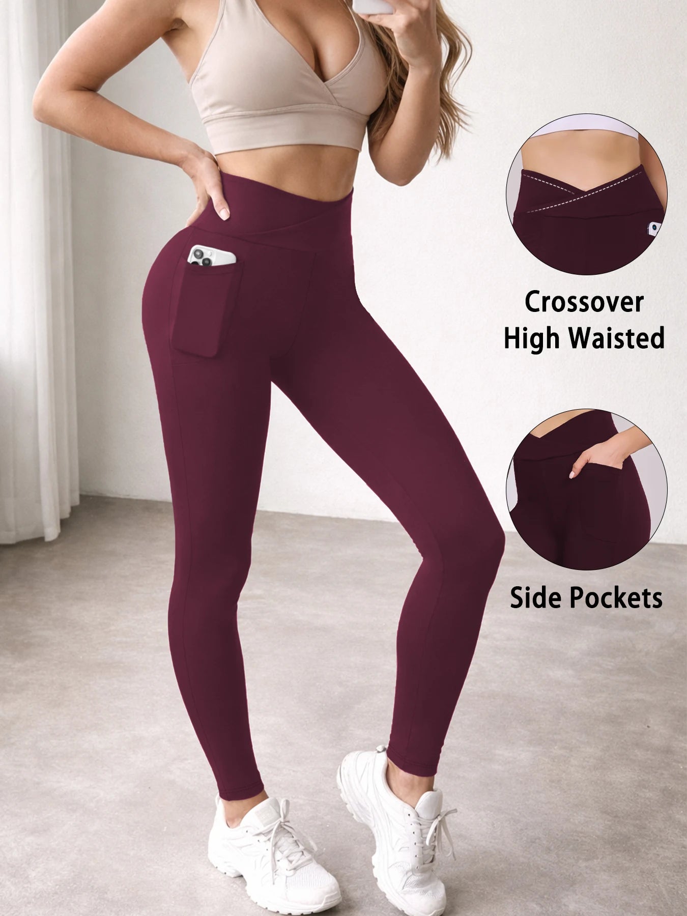 Women's Super Soft Crossover High Waisted Legging With Pockets Tummy Control No See Through Workout Yoga Running Leggings