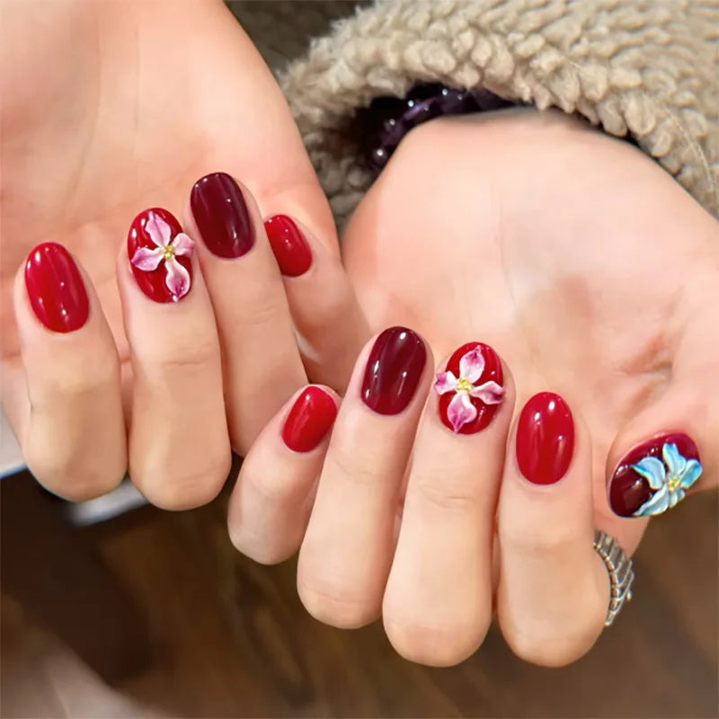 24Pcs Solid Color Wine Red Design Press on Nail Short Square False Nails Simple Detachable Finished Full Cover Nail Tips