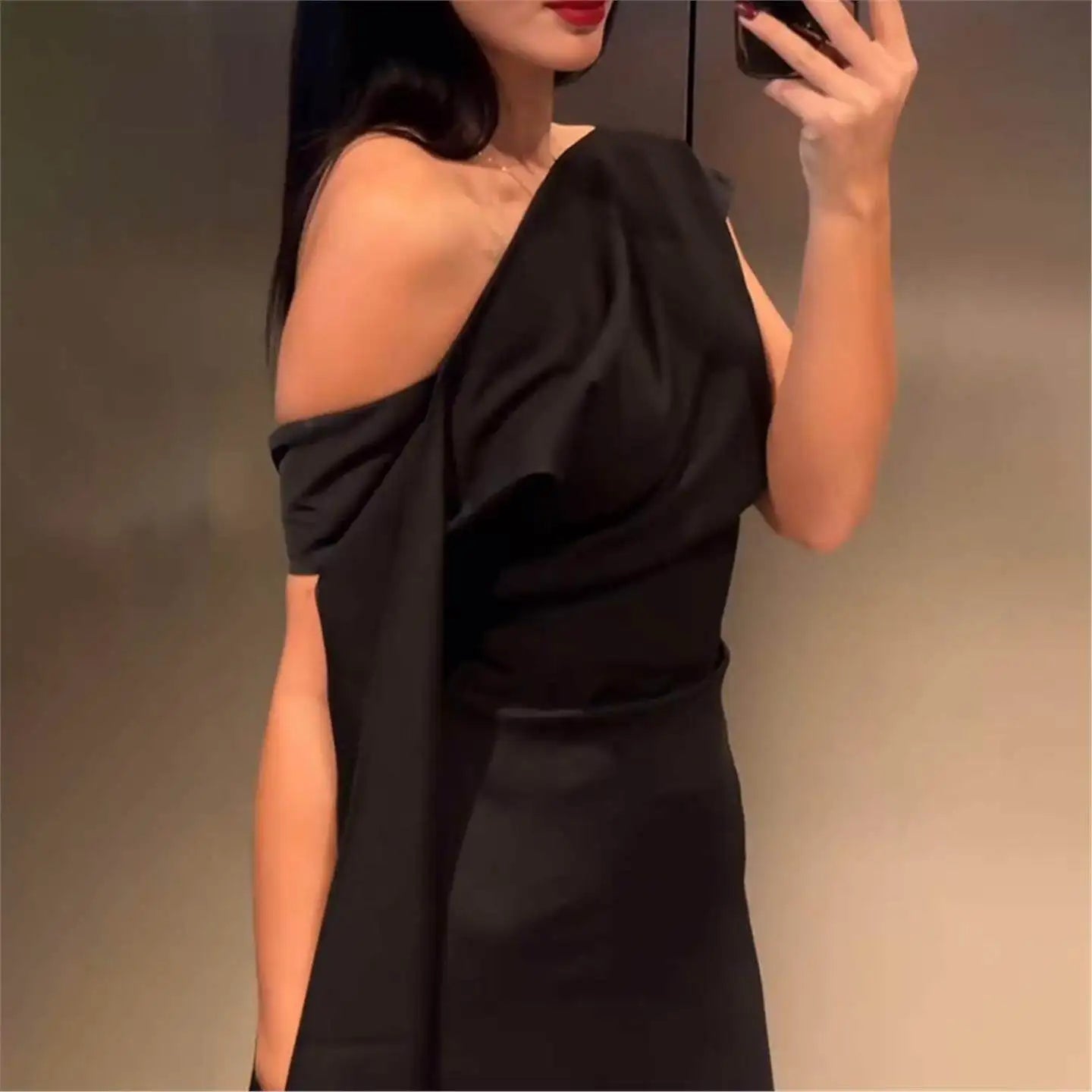 Elegant Long Dress Pure Color Asymmetrical Collar Shoulder Insert Sleeve Cross-Border Summer New Women's Fashion Dress