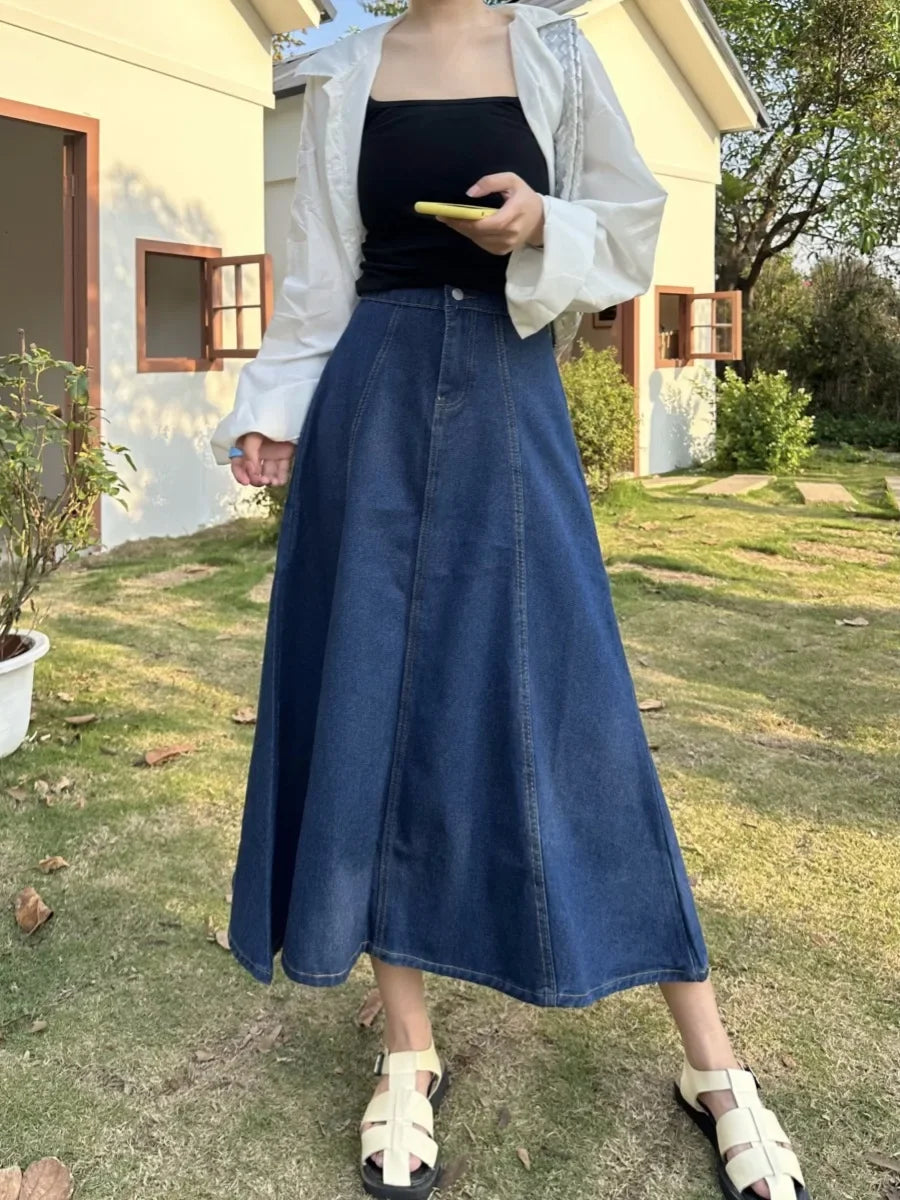 High Waist A- Line Midi Denim Skirt Women's Elastic Waist Design Sensation Slimming Long Skirt Summer Fashion Half-length Skirt