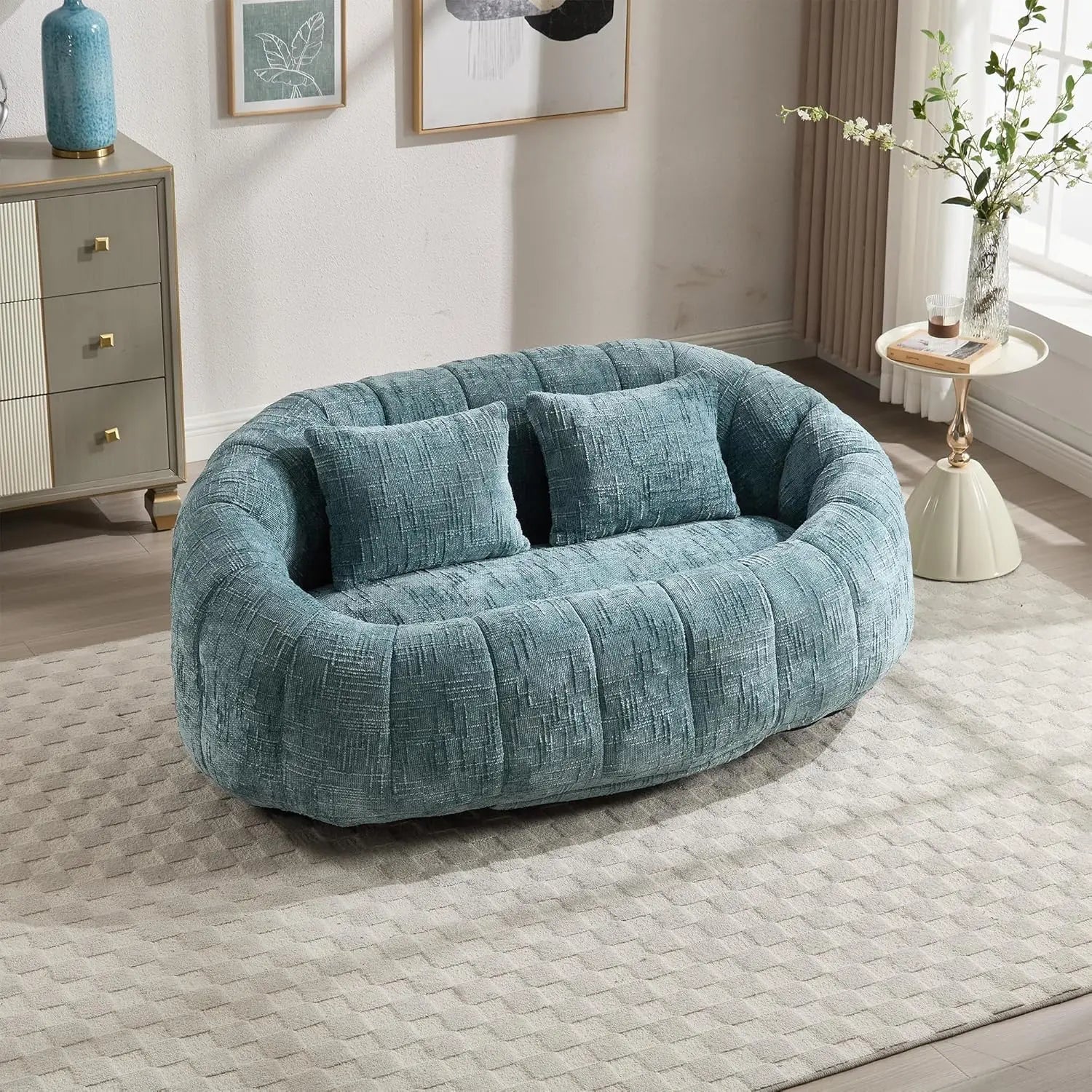 Bean Bag Sofa, Comfy Loveseat Sofa with 2 Pillows, Soft Giant Bean Bag Chair, Cozy Round Lazy Sofa with Wide, Customized