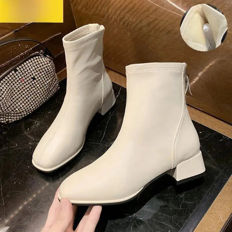 Women's Winter Short Boots White Fleece Lined Square Toe Booties Spring Autumn Seasonal Fashionable Thick Heel Ankle Boots