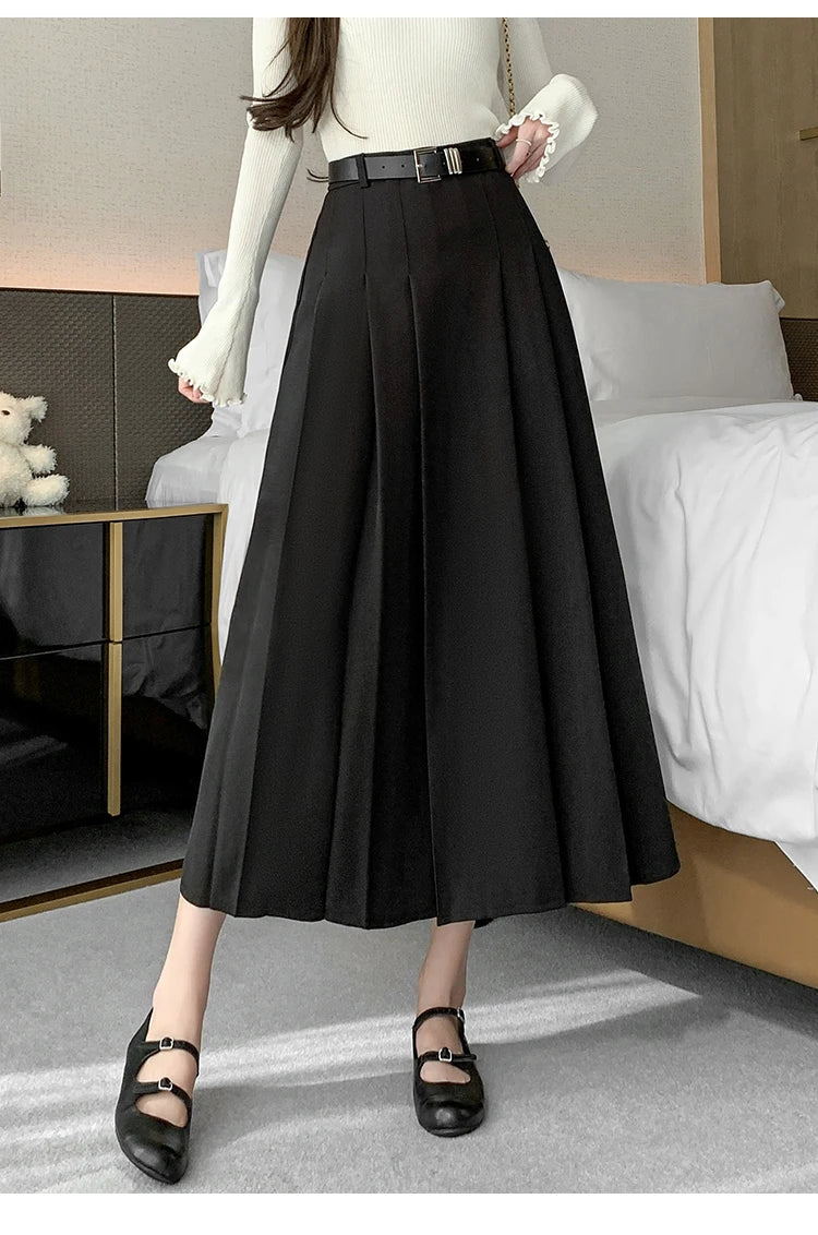 [EWQ] Elegant Solid Color Mid-Length All Match Skirt For Women 2026 Spring Summer Loose High Waist A-Line Pleated Skirts 16O9169