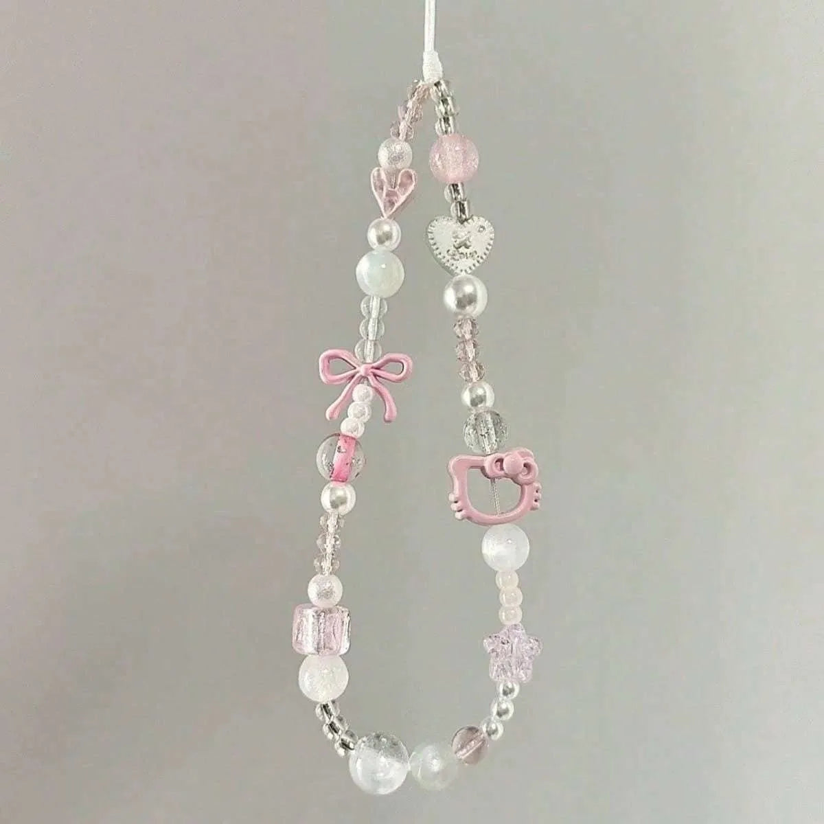 Cute Sanrio Hello Kitty Cat Pink Phone Chain Beaded Chain Keychain Jewelry Camera Hanging Rope Cartoon Kitty Phone Strap Gift