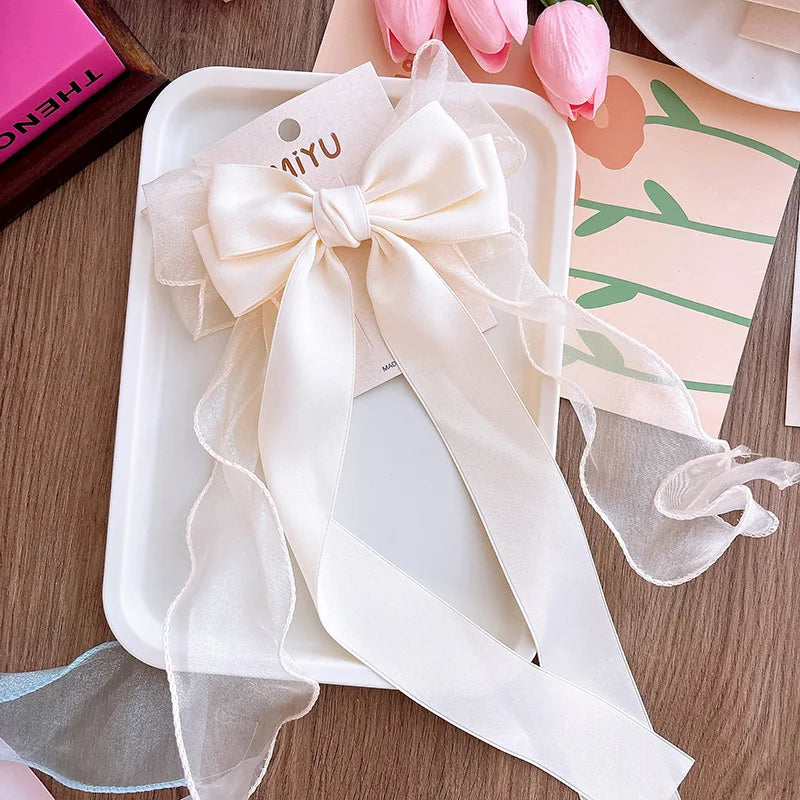 Women Elegant Lace Bow Ribbon Hair Clips Solid Color Satin Заколка Бант Girls Korean Hairpins Party Headdress Hair Accessories