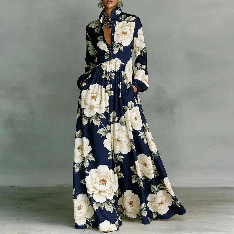 Women's Stand Collar Button Shirt Maxi Dresses Spring Casual High Waist Pocket Hem Long Dress Chic Floral Print Boho Party Dress