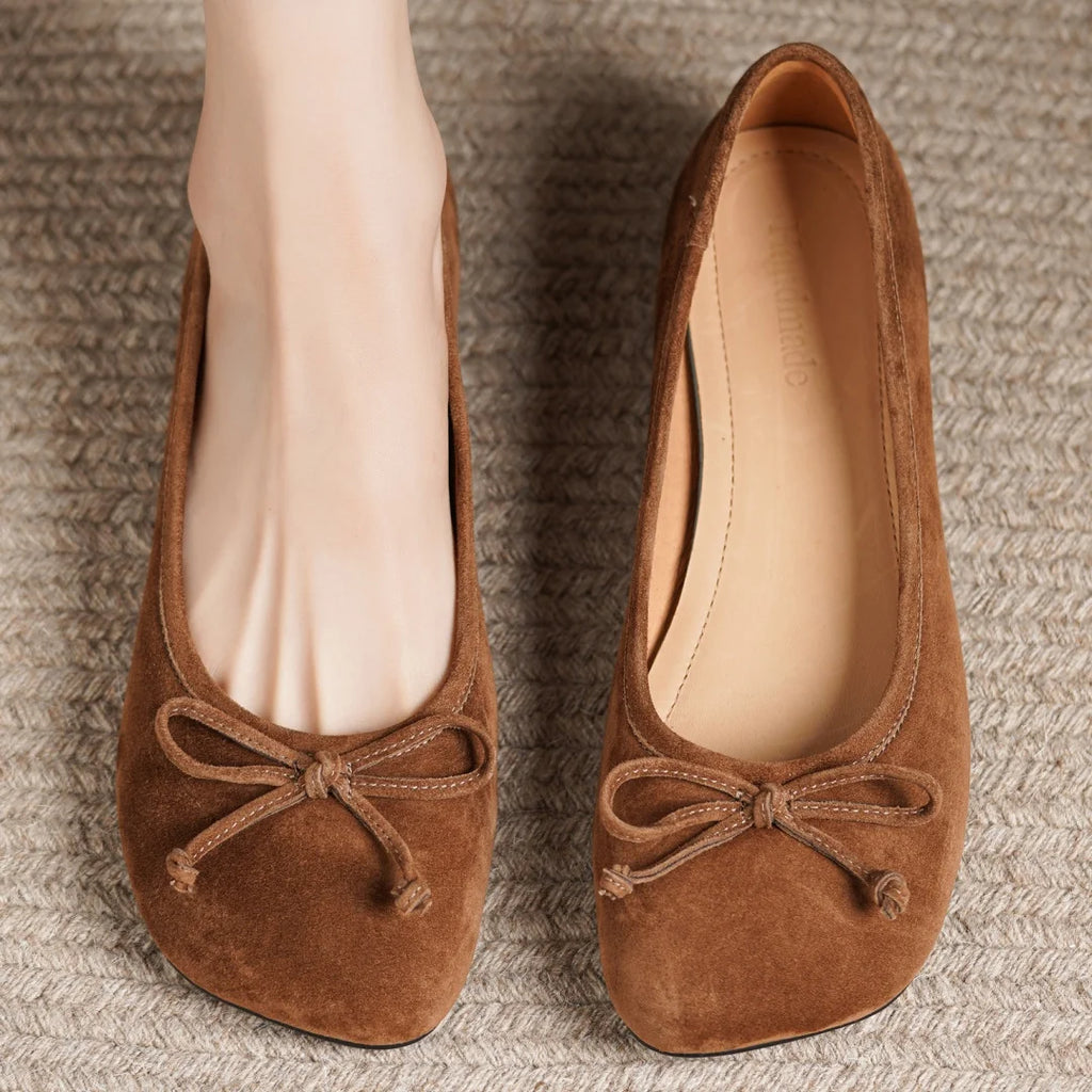 Women's natural suede leather square toe slip-on flats 3cm round low heel sweet bowtie casual female four season shoes for woman
