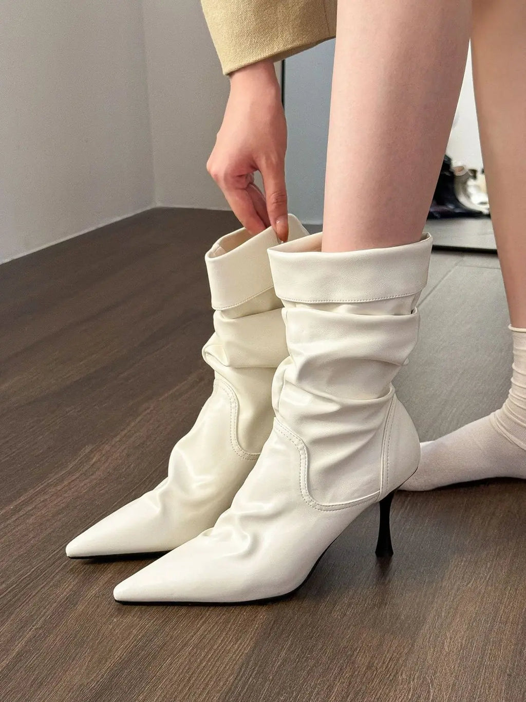Elastic Short High Heel Boots Women's Autumn Winter Pointed Toe Slim Fit Pleated Booties Mid-Calf Faux Leather Rubber Sole