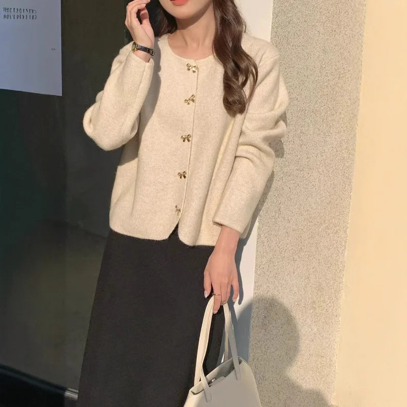 Women Korean Style Sheep Cashmere Elegant Sweater Cardigan Autumn Winter New Style Gentle Style Slimming Knitted Coat