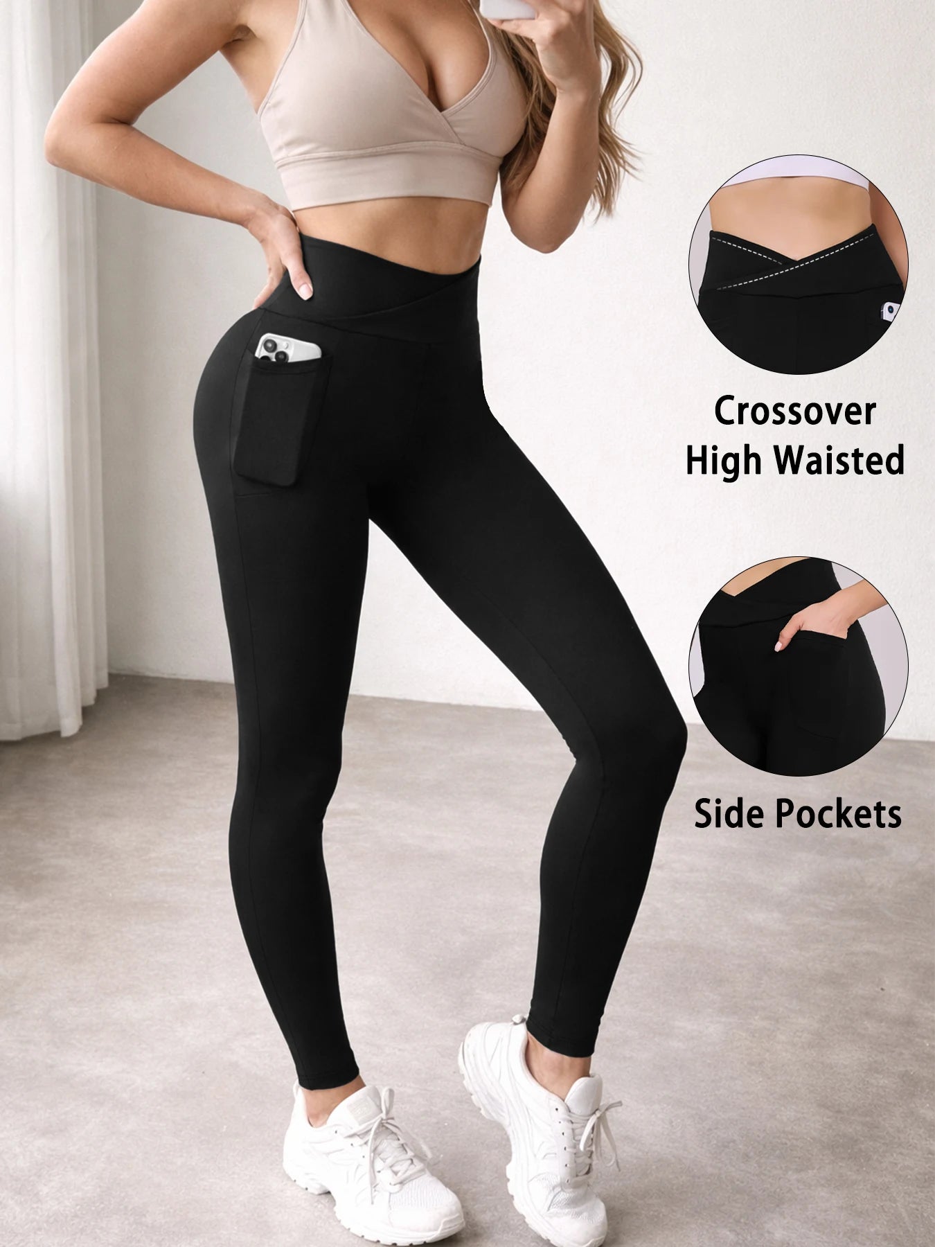 Women's Super Soft Crossover High Waisted Legging With Pockets Tummy Control No See Through Workout Yoga Running Leggings