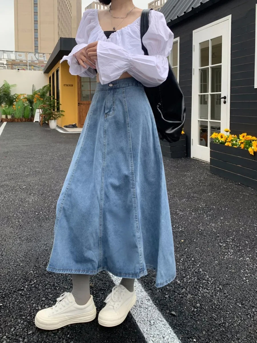 High Waist A- Line Midi Denim Skirt Women's Elastic Waist Design Sensation Slimming Long Skirt Summer Fashion Half-length Skirt