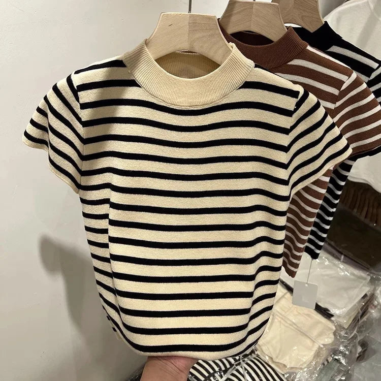 Half Turtleneck Pullover Striped Sweater Sweater Slim Fit Top Shirt Women's Early Spring and Autumn Short Sleeve Bottoming Shirt