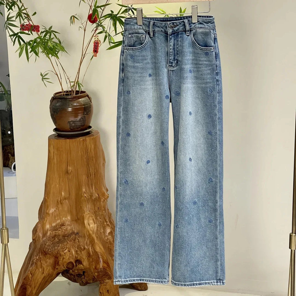 Spring 2025 High Waist Loose Fit Glitter Embroidered Floral Denim Pants Women's Wide Leg Jeans Stylish Casual High Waist