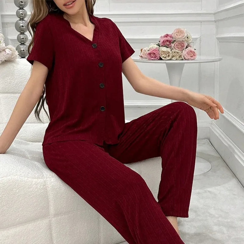 Women Summer Pajamas Set Short Sleeve V-neck Solid Rib T-shirt with Pants Loose Sleepwear Homewear Female Casual Loungewear