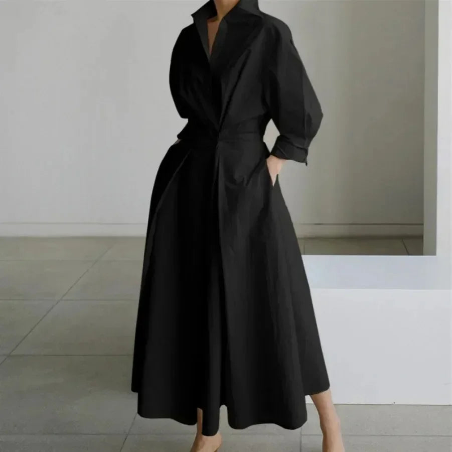 2026 Women's Oversized Elegant Cotton Linen Sundress Lapel Neck High Waist Long Sleeve Long Shirt Dress OL Vestidos Robe Femme