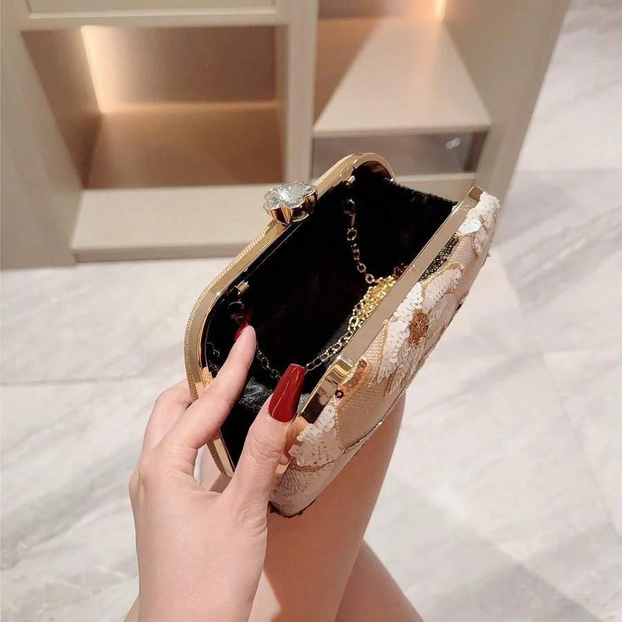 Women Flower Printing Evening Bag sequins Handbag Handmade  Embroidery Clutch Purse Elegant Evening Party Bride Handbag