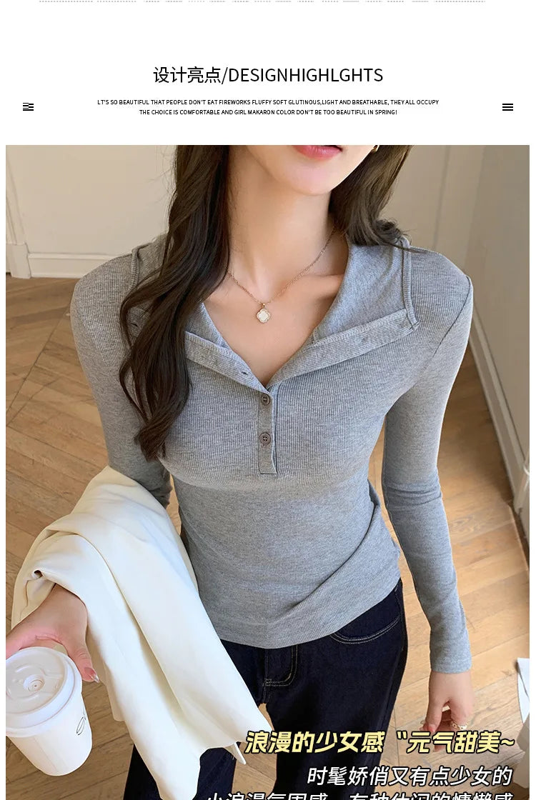 Half-buttoned Hooded Sweatshirt for Women Autumn Winter Striped Inner Layering Shirt Slim Long-sleeved Top T-shirt