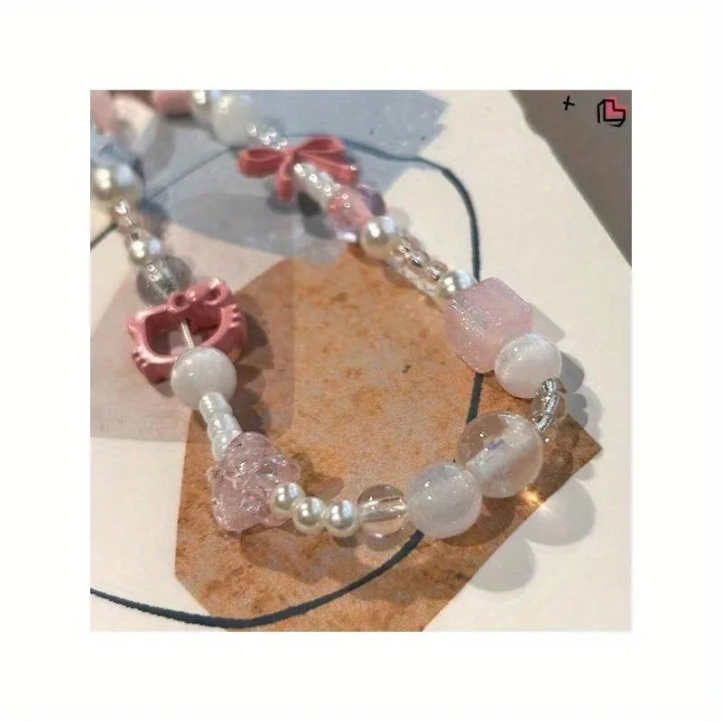 Cute Sanrio Hello Kitty Cat Pink Phone Chain Beaded Chain Keychain Jewelry Camera Hanging Rope Cartoon Kitty Phone Strap Gift