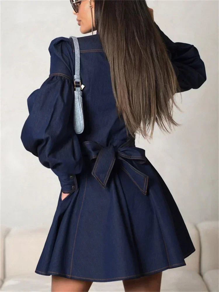 Denim Dresses Women 2024 Autumn Fashion Vintage Lace Up Long Sleeve Mini Dress Street Trendy High Waist Elegant Dress