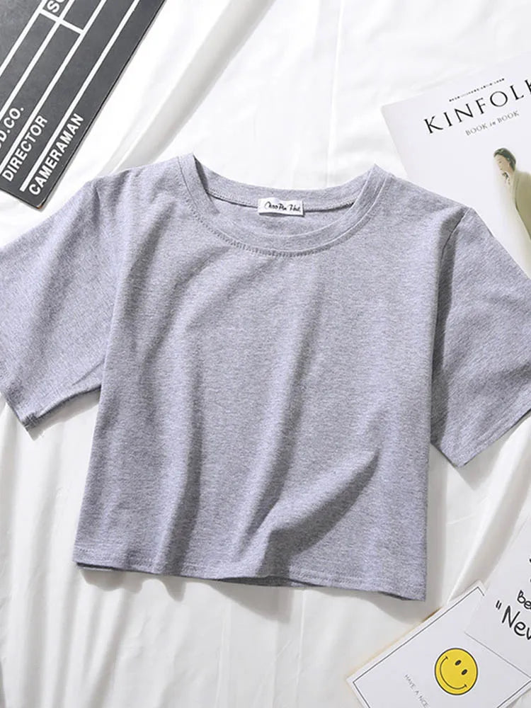 2023 Summer Short Sleeve T Shirts Women Cotton Solid T-shirt O Neck High Waist Crop Top Tee Female Casual Loose T Shirt