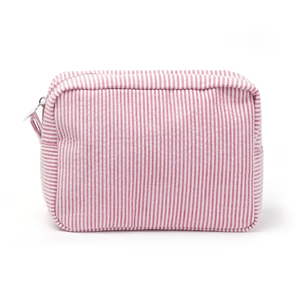 Seersucker Ruffle Cosmetic Bag – Pink/Purple Stripes