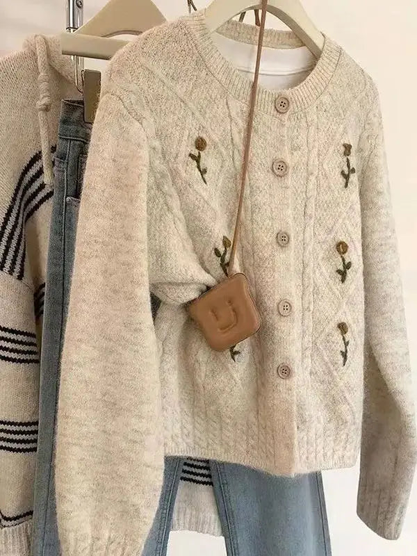 Korean Style Embroidered Knitwear Long Sleeve round Neck Women's Outerwear Spring Autumn New Style Thickened Cardigan Top