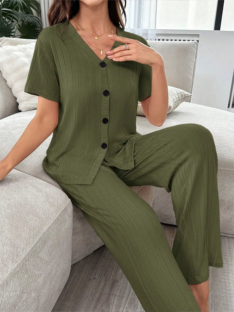 Women Summer Pajamas Set Short Sleeve V-neck Solid Rib T-shirt with Pants Loose Sleepwear Homewear Female Casual Loungewear