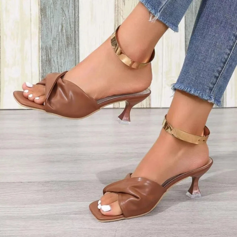 Fashion Summer Women Shoes New Handmade Square Open Toe High Heels Outdoor Fashion Slippers Wedding Party Fashion Party shoes