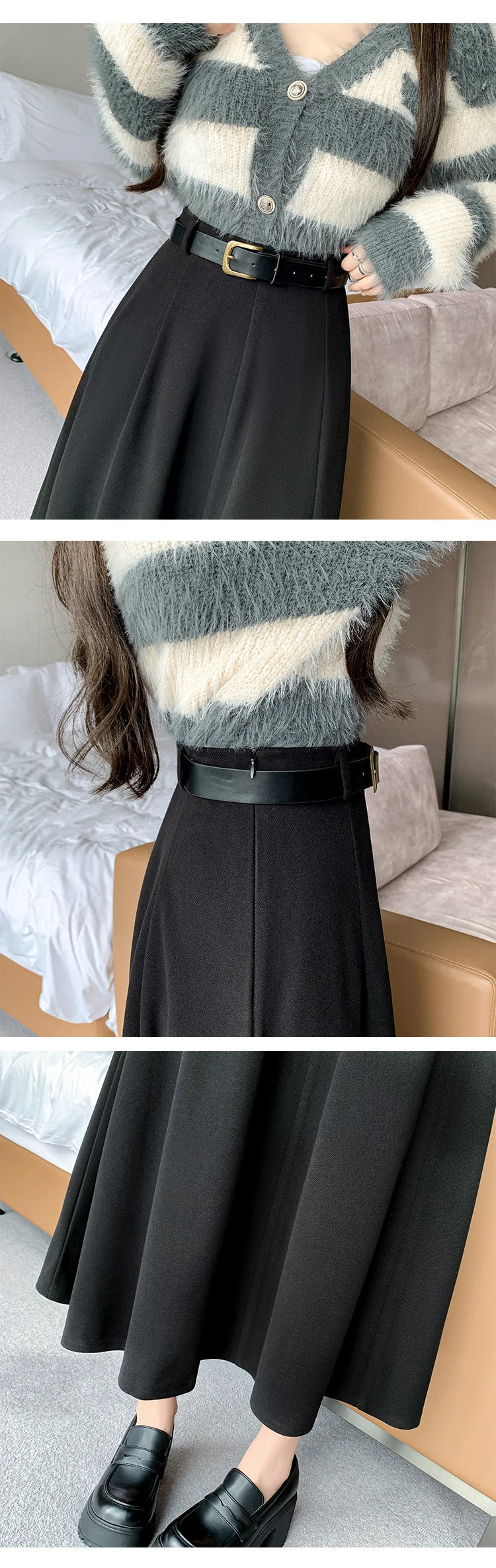 Elegant High Waist A-Line Midi Skirt Women's Fashion Slimming Skirts Autumn Winter New Style Loose Flared Mid-Length Skirts
