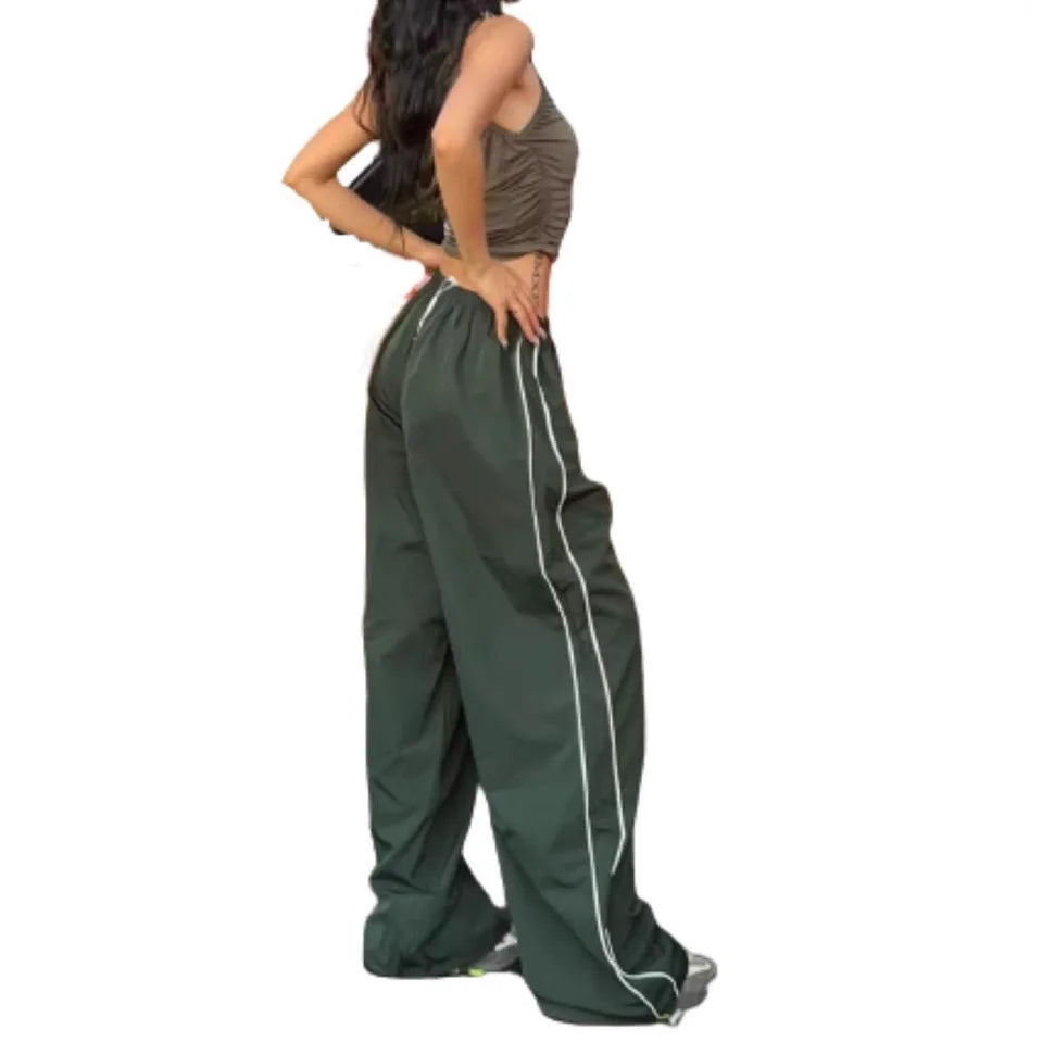 Women's Fashion Drawstring Both Sides Casual Elastic Waist Sports Pants High waist Loose Wide Leg Pants Trousers