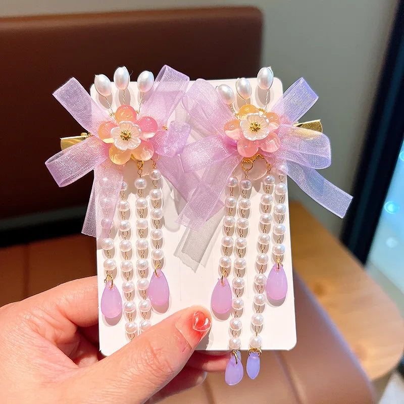 Pink and Blue Ribbon Tassel Hairpin Hair Clip for Children Girl Ancient Style Hanfu Hair Pins Cosplay Hair Accessories