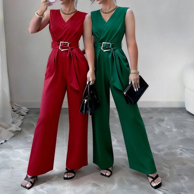 Women's Red Sleeveless V-Neck Pants  Belted Tie Waist Wide Leg Jumpsuit Casual Daily Office Party Elegant Romper Bodysuits