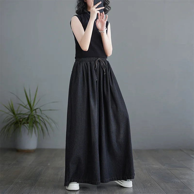 Spring NEW Elastic Waist Loose-Fit Plus Size Women's Jeans Slimming Wide-Leg Ground-Length Simple Culottes Casual Pants