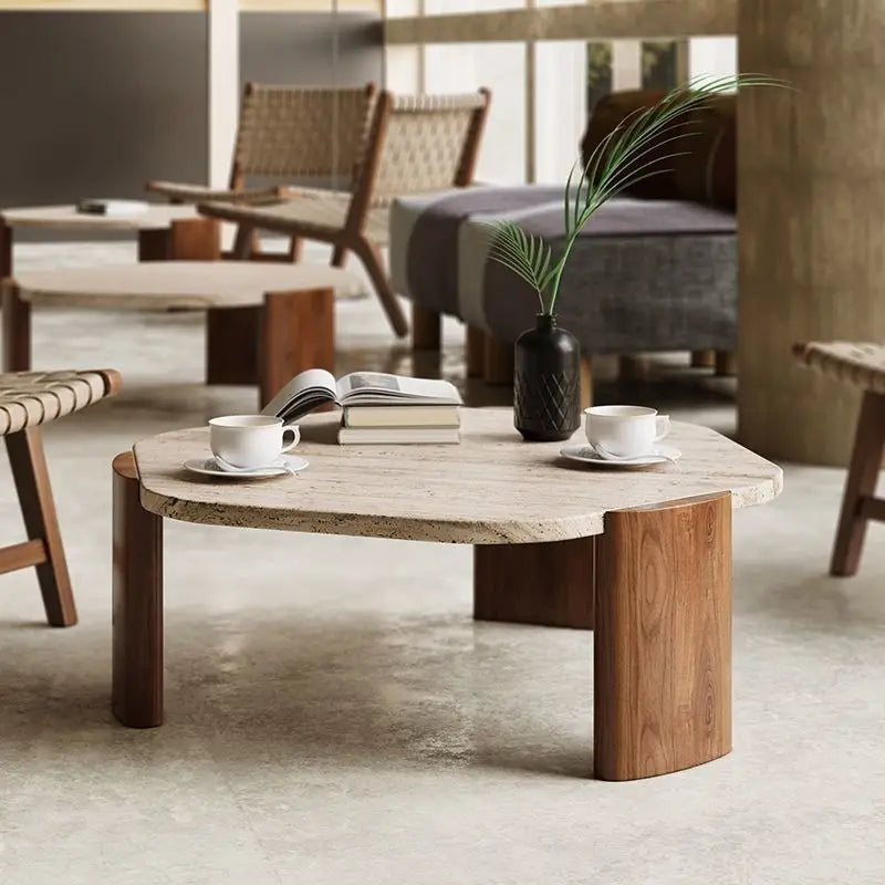 Solid wood travertine coffee table small tea small apartment living room household round balcony special-shaped rock slab Intern
