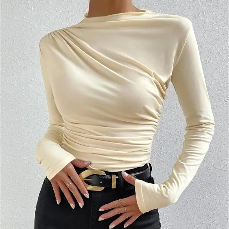 Women's Pleated Long Sleeve T-Shirt Bodycon Fit Polyester Spandex Blend Drawstring Closure  Color European Style Top