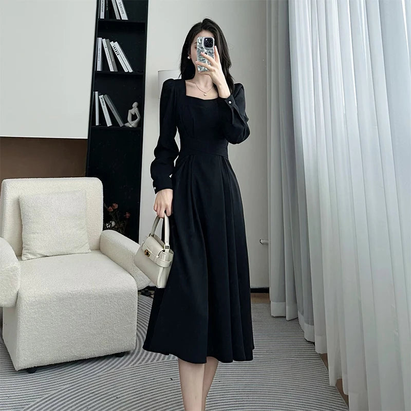 Ele High Waist A-Line Dr Women's Long Sve Square Collar Slimming Formal Ocn Dr Spring Collection