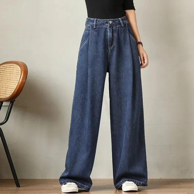 Jeans Wide Leg Pants Women High Waist Washed Distressed Pockets Basics Straight Trousers Denims Streetwear Vintage Floor Length