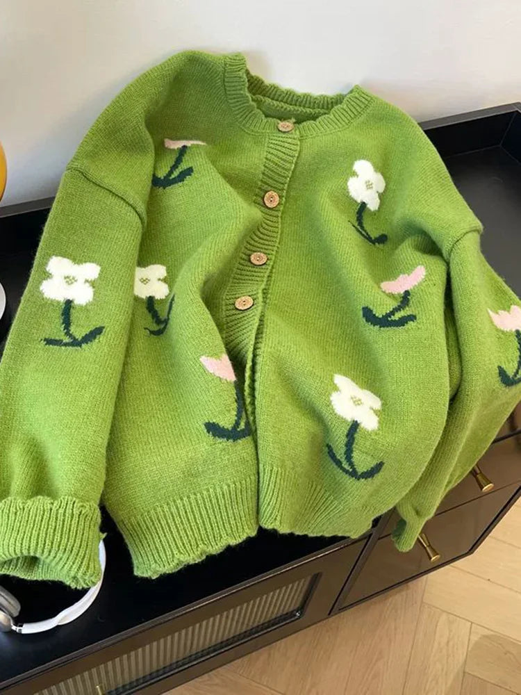 Floral Sweet Green Cardigan Women Long Sleeve Vintage Cute Knitted Sweaters Korean Retro Casual Female O Neck Fall Tops Jackets
