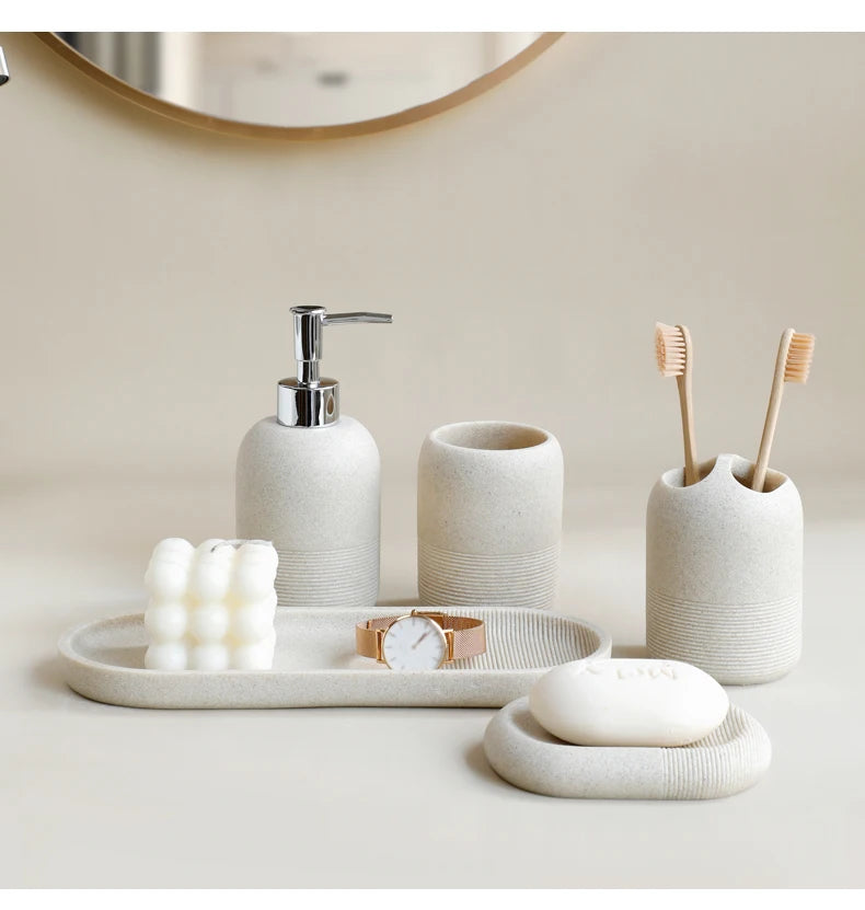5pcs Bathroom Accessories Set – Beige & Grey