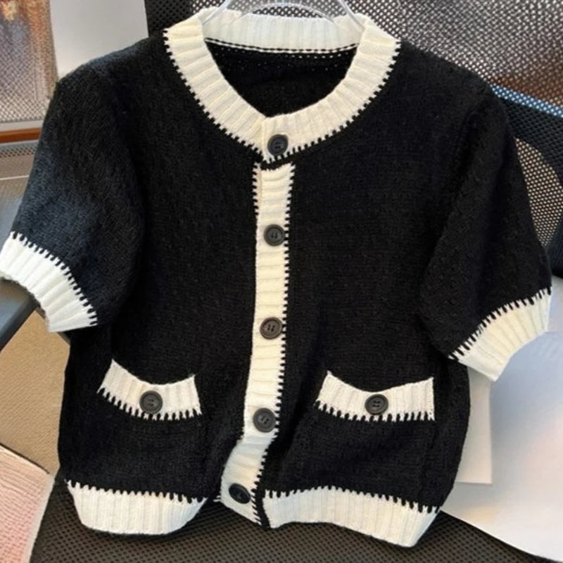 Small Fragrance Thin Cardigan Short Sleeve Single Breasted Pockets Contrast Color Sweaters 2025 Summer Knit Tops Women Clothing