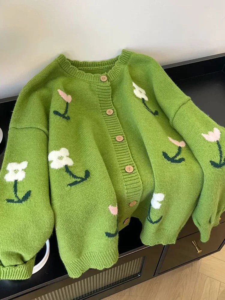 Floral Sweet Green Cardigan Women Long Sleeve Vintage Cute Knitted Sweaters Korean Retro Casual Female O Neck Fall Tops Jackets