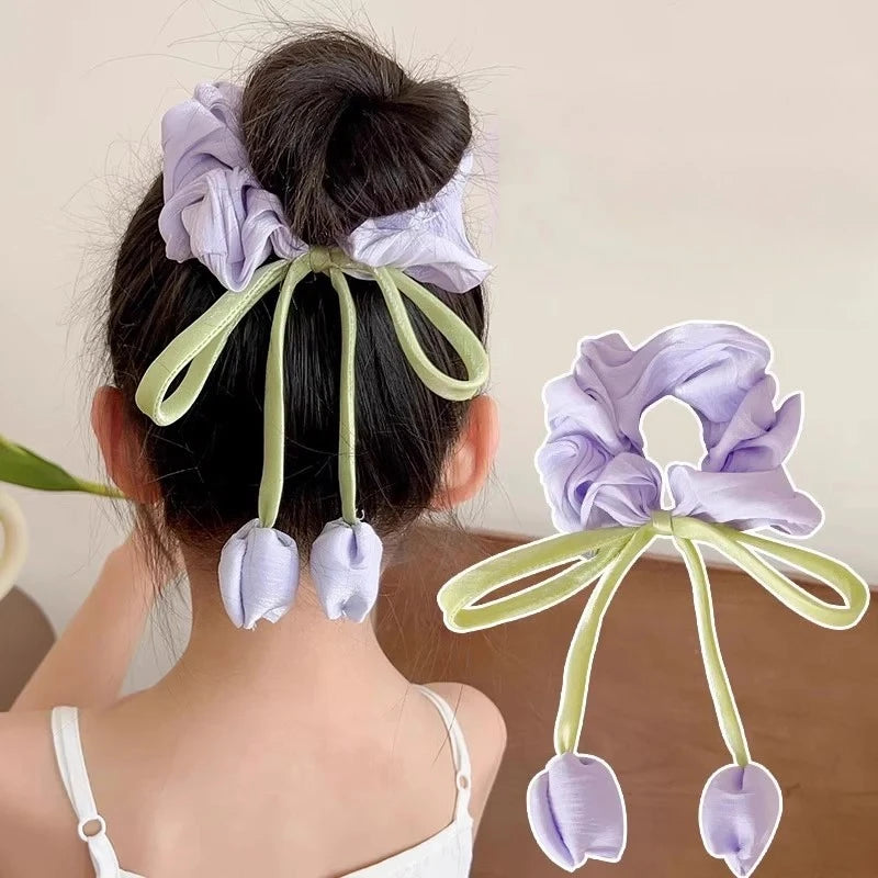 Sweet Girl Wind Mesh Strap Tulip Large Intestine Hair Hoop Handmade Butterfly Knot Rope Tie Ponytail Knot Hair Accessories