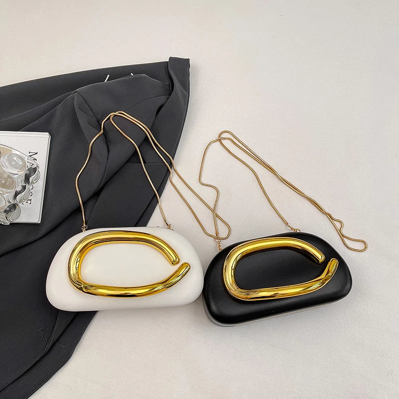 Women PU Leather Metal Handle Handbag & Removable Strap Crossbody Shoulder Bag Hand-held Shoulder Clutch Bag for Wedding Party