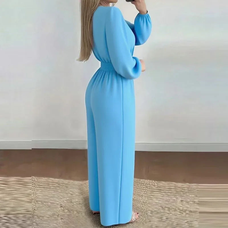 V Neck Solid Long Jumpsuits Fashion Commuting Belt Lace-Up Puff Sleeves Wide Legger Romper Casual Long Sleeve Women's Playsuit