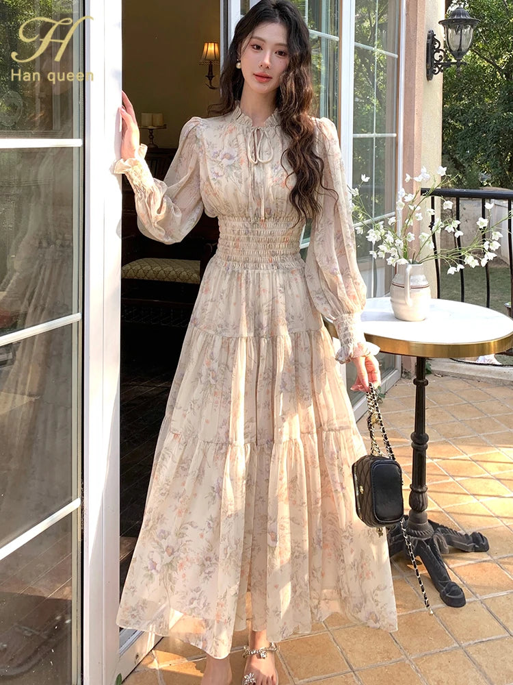 H Han Queen Women's Bohemian Chiffon Printed Dress Long Sleeve Casual Beach Holiday Wrap Waist Spring Summer