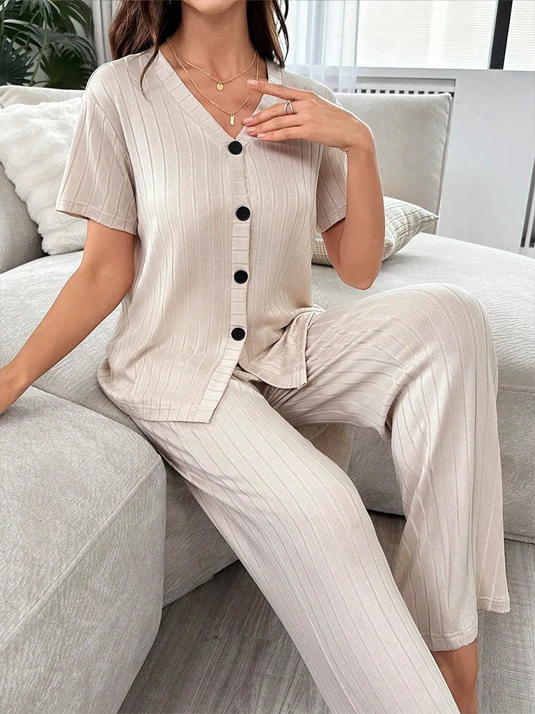 Women Summer Pajamas Set Short Sleeve V-neck Solid Rib T-shirt with Pants Loose Sleepwear Homewear Female Casual Loungewear