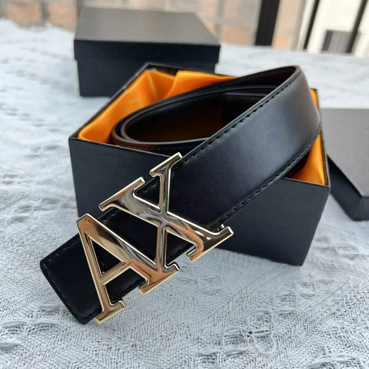 2025 New Cross - border Men's Belt - 3.8cm Waistband, Letter AX Buckle, Fashionable Lychee Pattern, Simple & Versatile Accessory