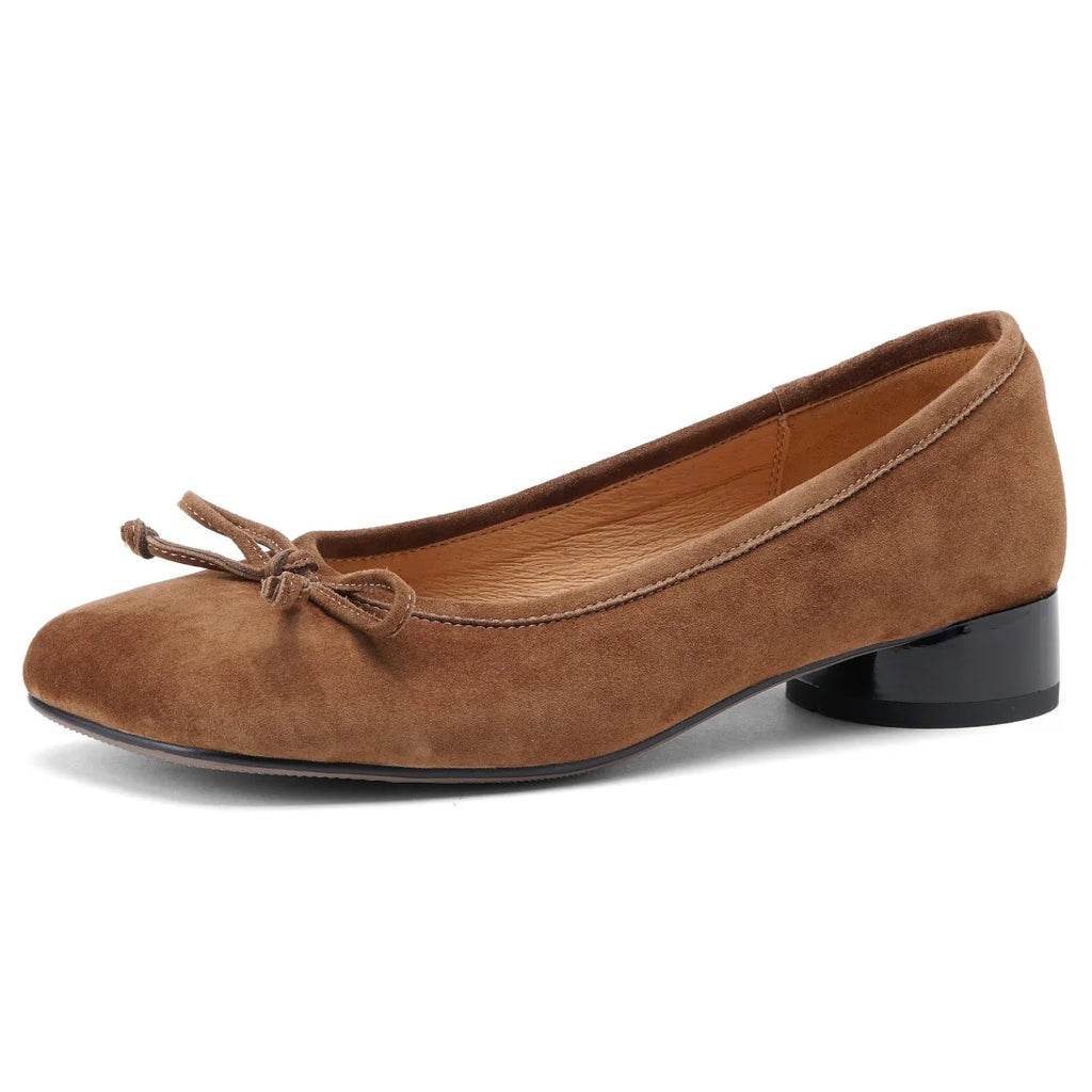 Women's natural suede leather square toe slip-on flats 3cm round low heel sweet bowtie casual female four season shoes for woman